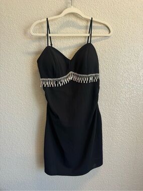 Black Beaded Trim Mini Dress with Sweetheart Neckline